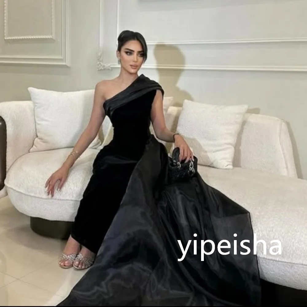 Customized A-line One-shoulder Velvet Prom Gowns Ankle-Length Black Pleat Sleeveles Party Dressess Evening Dresses Backless