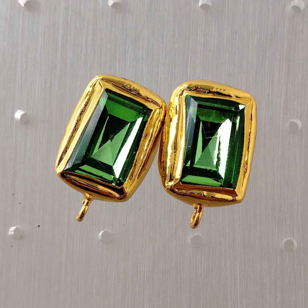 5 Pairs 15x19mm  Brass Rectangle Green Crystal gold plated Dangle Ear studs For Handmade Earrings