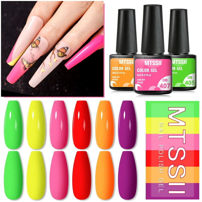 Mtssii 6 Stuks Gel Nagellak Set Neon Heldere Glitter Kleur Serie Gel Vernis Semi Permanente Base Top Coat Uv led Nail Art Gel