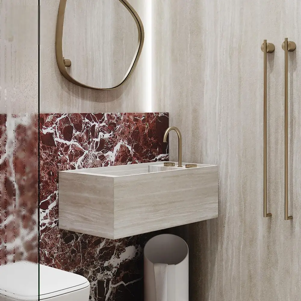 Vaidade de parede de travertino romano com certificação CE: borda ultrafina e bacia integrada profunda com vedação anti-molde - pia flutuante de luxo