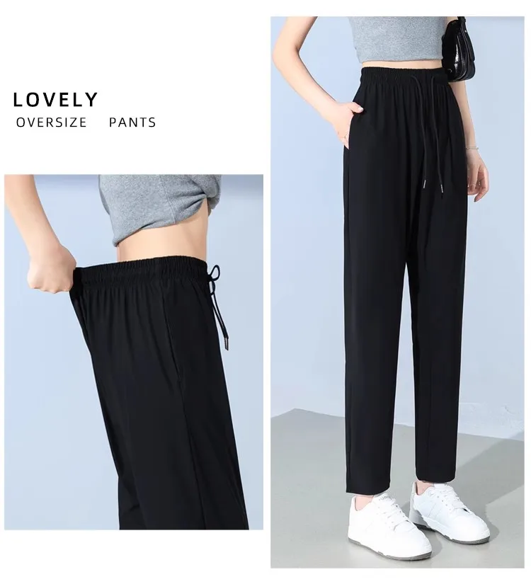 여성용 플러스 사이즈 스포츠 팬츠 여름용 루즈핏 아이스 실크 얇은 빠른 건조 러닝 자외선 차단 스트레이트 레그