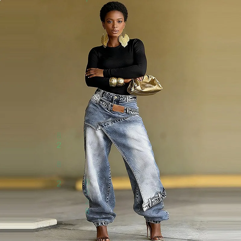 Spring Summer Women's Jeans Denim Pants Oversized Patchwork Layering Designer Trousers