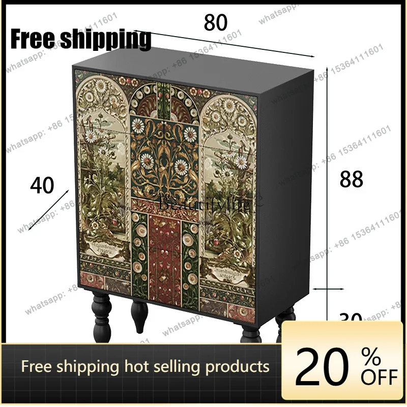 JJ -Retro light luxury solid wood chest of drawers, living room against the wall, high-footed drawer cabinet
