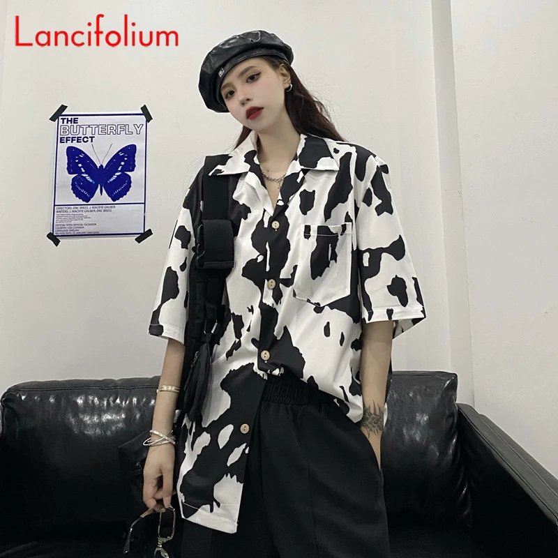 

Korean Spring Summer Blouses Harajuku Vintage BF Cow Print Oversized Streetwear Hiphop Y2k Elegant Long Sleeve Shirts Women 2022