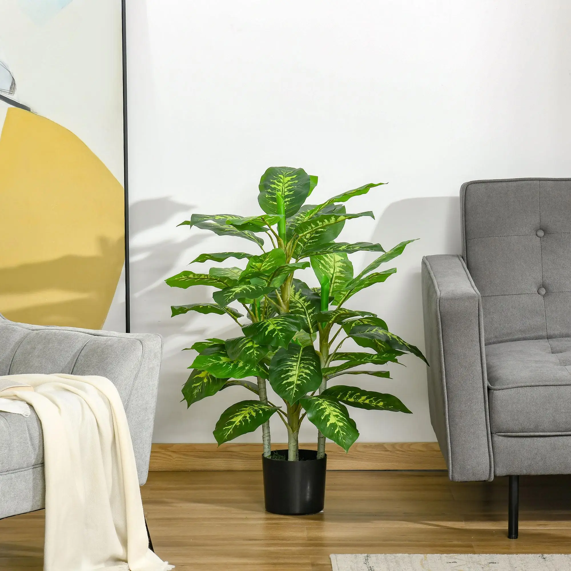 Plante décorative Dieffenbachie 95cm 42 feuilles en pot en ciment noir Ø 17x14.5 cm Intérieur Extérieur