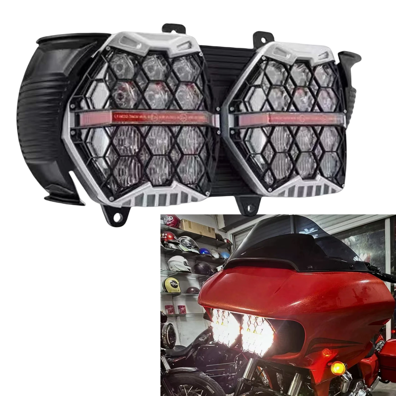 

Pop For Harley Davidson Road Glide FLTRX. 2015-2023 Honeycomb Style Dual Motorcycle LED Headlight Front Head Light Lamp DRL Head