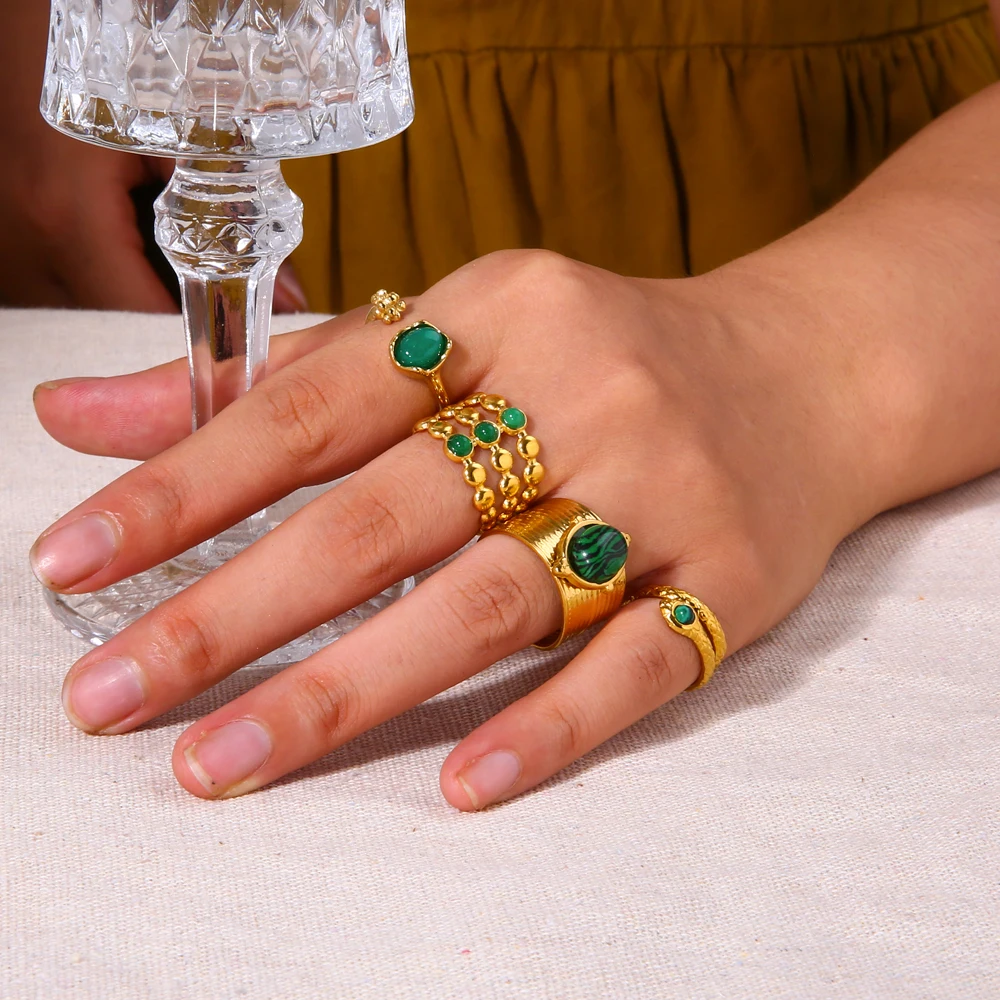 Vintage Naturstein Geometrischer Vergoldeter Edelstahlring Verstellbarer Türkisring Trendiger Modischer Schmuckring für Damen – Detail 5