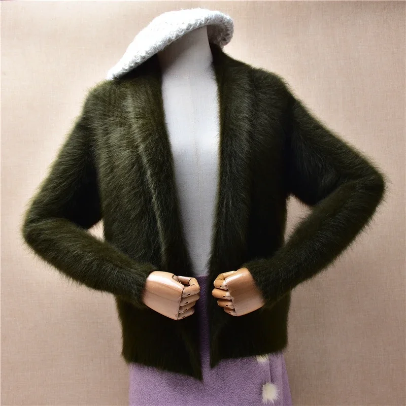 Ladies Women Autumn Winter Clothing Green Hairy Mink Cashmere Knitted Long Sleeves Loose Cardigans Mantle Angora Sweater Jacket