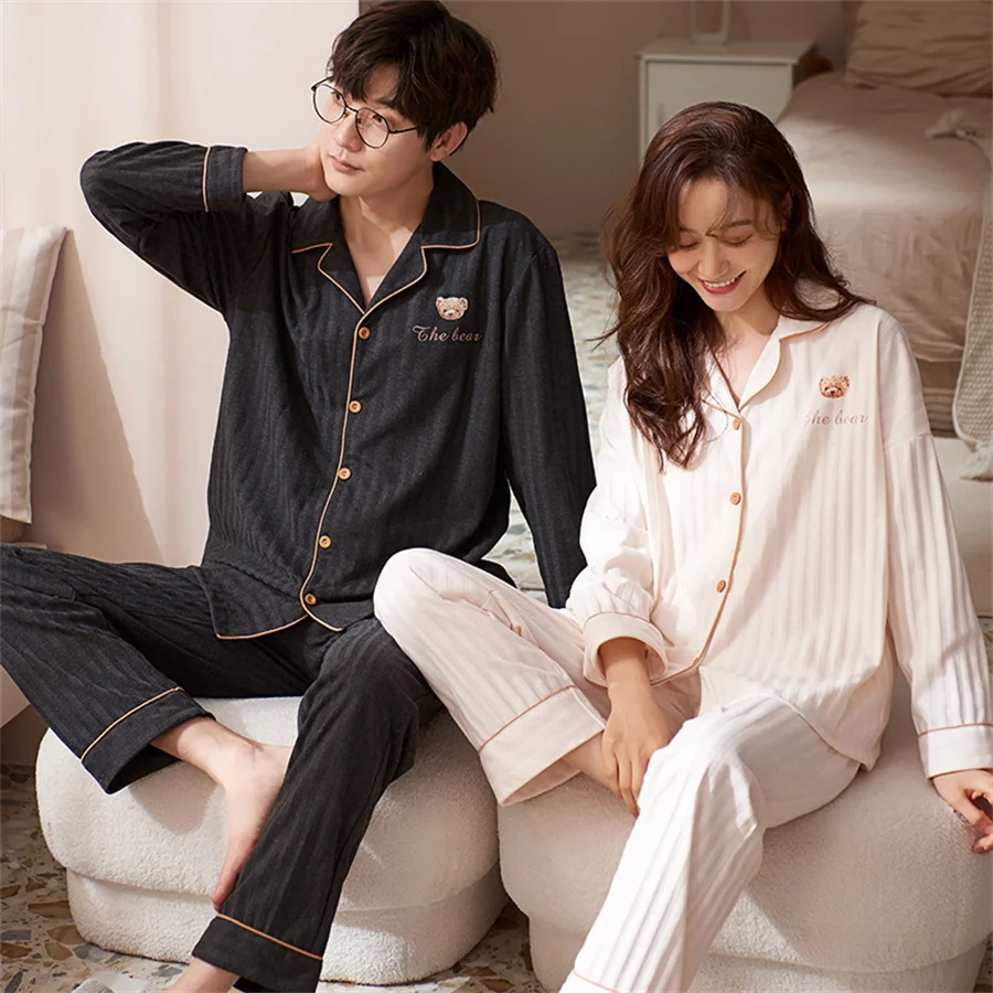 2024 Autumn Winter Couple Pajamas Set Men Long Sleeve Tops and Pants Home Clothes Women Casual Sleepwear 2 Piece Loungewear