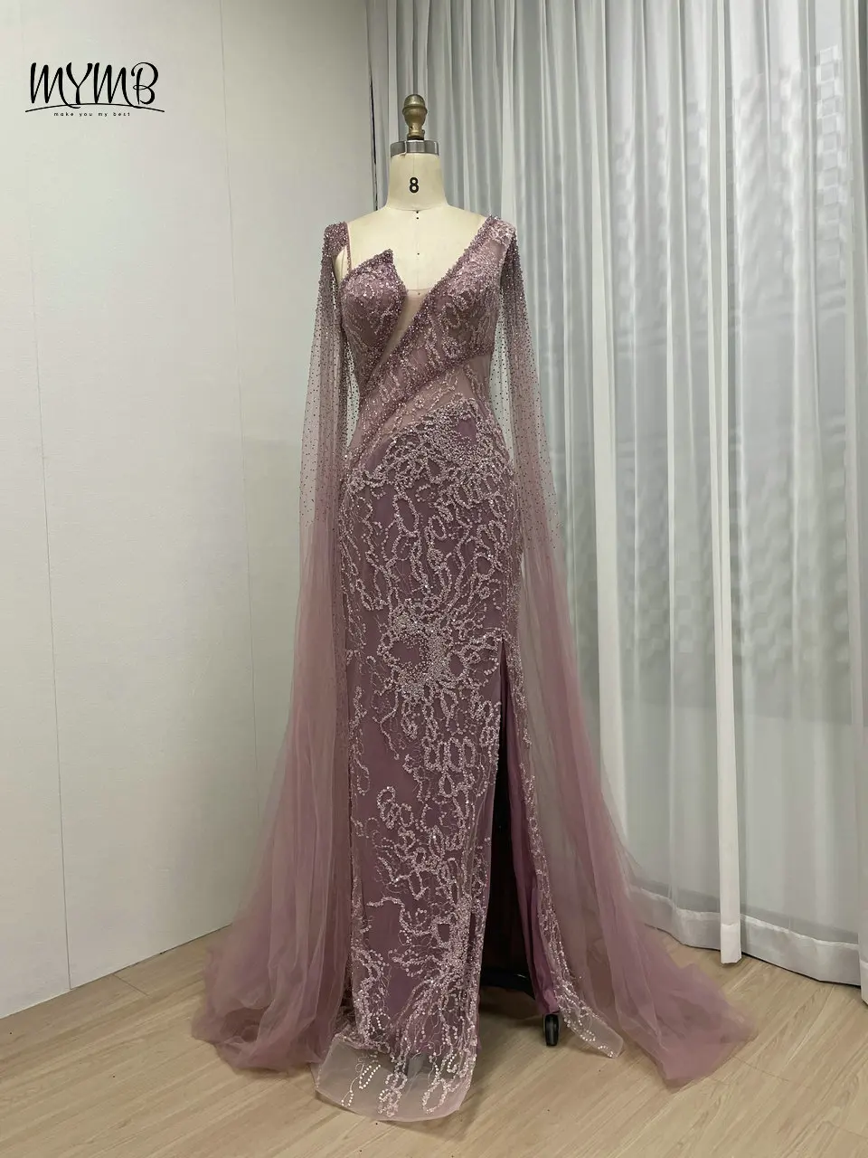

MYMB Luxury Arabic Mermaid Side Slit Pink Evening Party Dress for Special Events Gorgerous Cape Sleeve Beaded Wedding Guest Gown