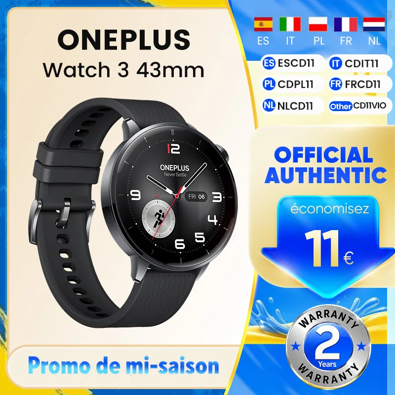 Versión Global del Reloj Inteligente OnePlus Watch 3 de 43 mm con Pantalla AMOLED de 1.32 Pulgadas, Procesador Snapdragon W5, GPS de Doble Frecuencia y Sistema Operativo Wear OS