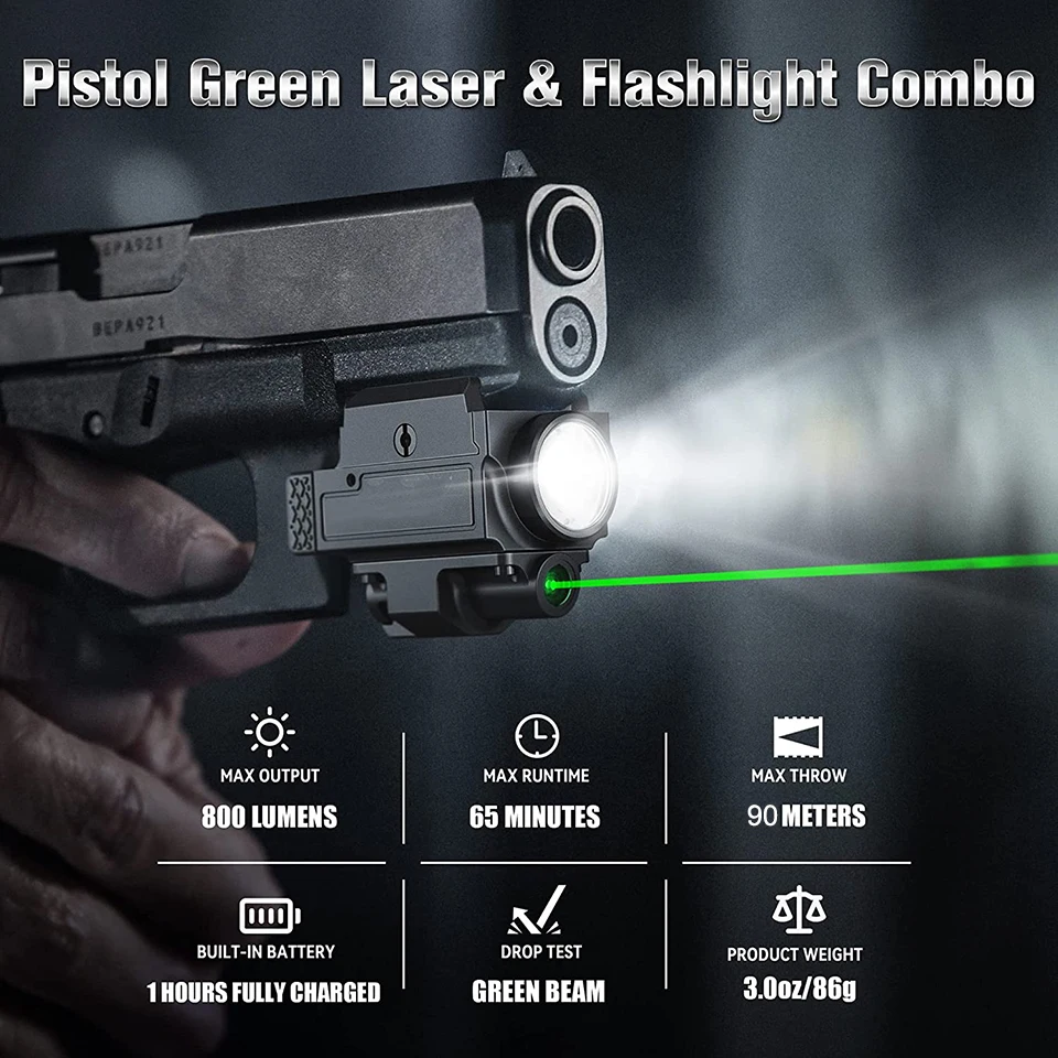 Red Green Laser Sight Weapon Light with 800 Lumens LED and Beam Combo ,Magnetic Rechargeable Tactical Flashlight for Most Pistol