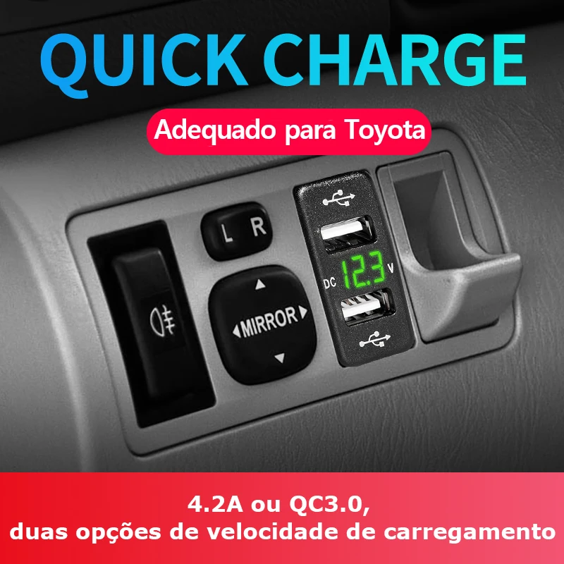 Novo carro usb toyota carregador 12v 24v adaptador duplo usb 4.2a corolla hilux soquete isqueiro para telefone inteligente voltímetro