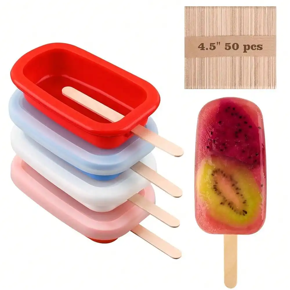 

Sakolla 4 Pcs Silicone Sicle Molds With Lid & 50 Pcs Wooden Sicle Sticks, Stackable Classic Oval Ice Cream Molds For Homemade Ice , Cakesicles, Freezer Yogurt And Fruit Juice (Multicolor)