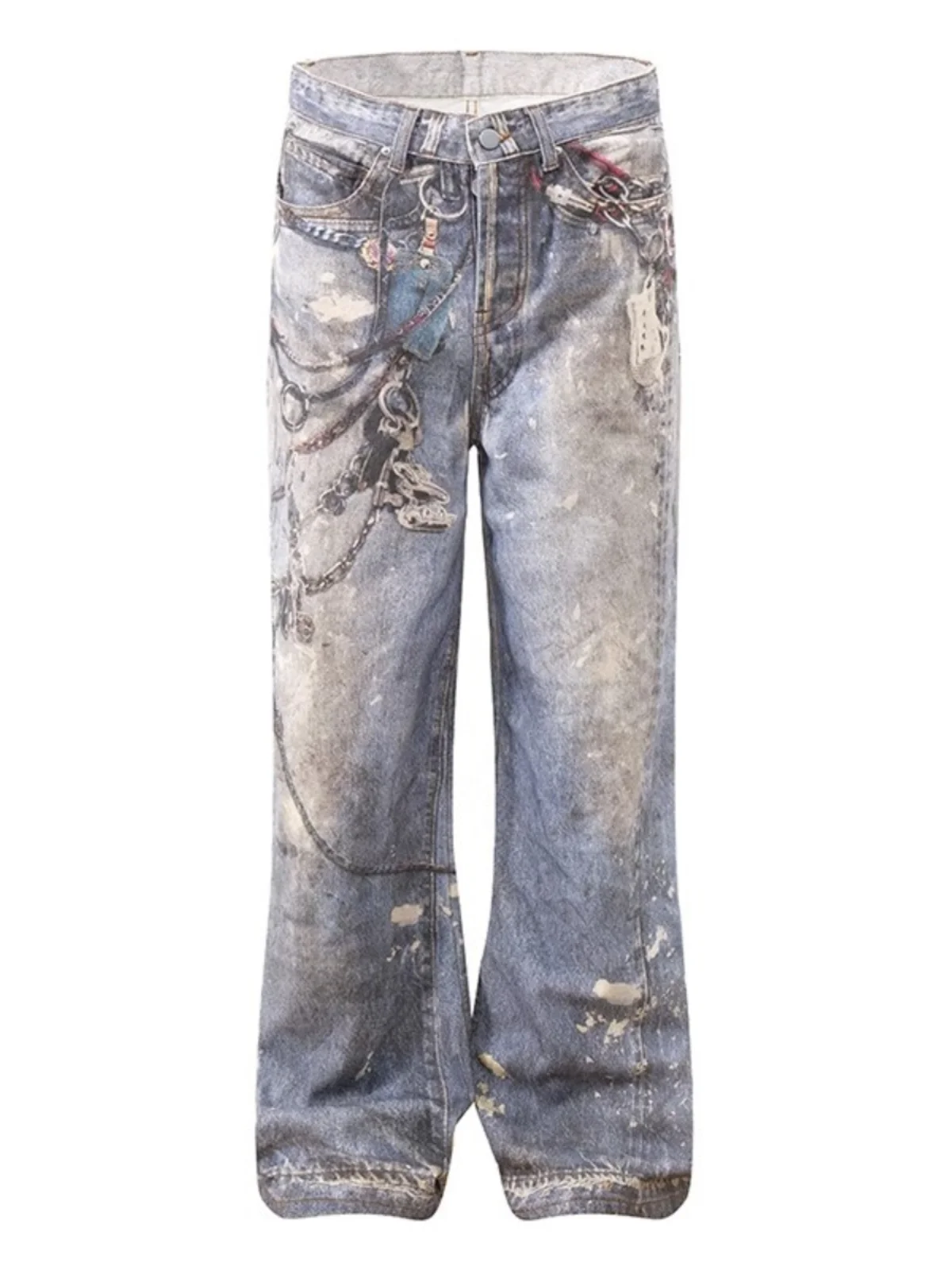 Retro 3D Digital Print Loose Jeans Men's Sle Faded Dyeing Chain Strap Casual Straight Leg Jeans Youth Trend American Sle