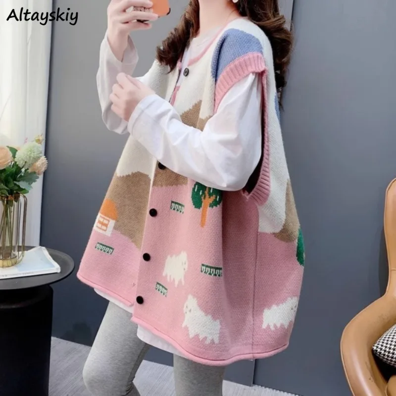 

O-neck Sweater Vest for Women Knitted Lovely Baggy Korean Style Single Breasted Casual Autumn Winter Ins Streetwear Warm Niche