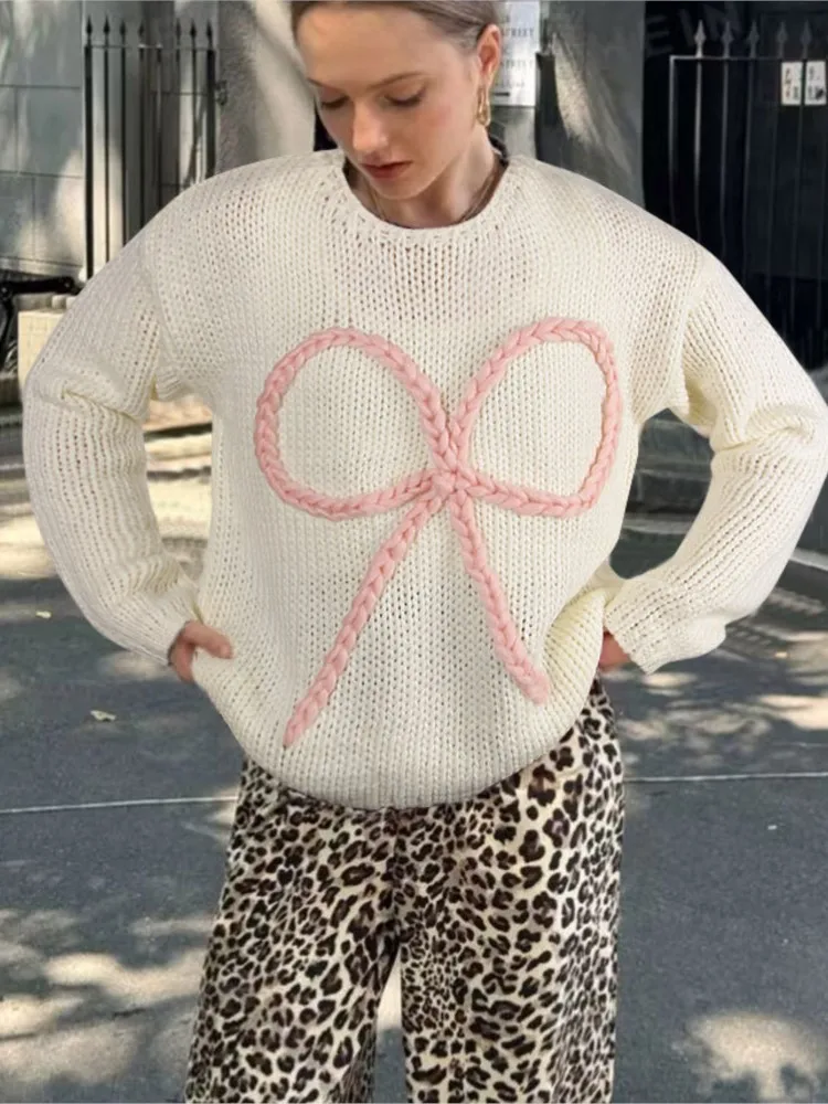 

Women's Pulls Femmes Autumn Sweater Loose Round Neck Bow Pullover Top Knitted Pullover All-match Loose Simple Style Comfortable