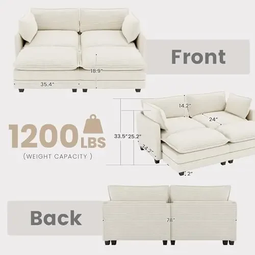 78'' Modular Sectional Cloud Couch with 2 Movable Ottoman, 4 Seat Comfy Modern Corduroy Sofa with 2 Throw Pillows, Deep