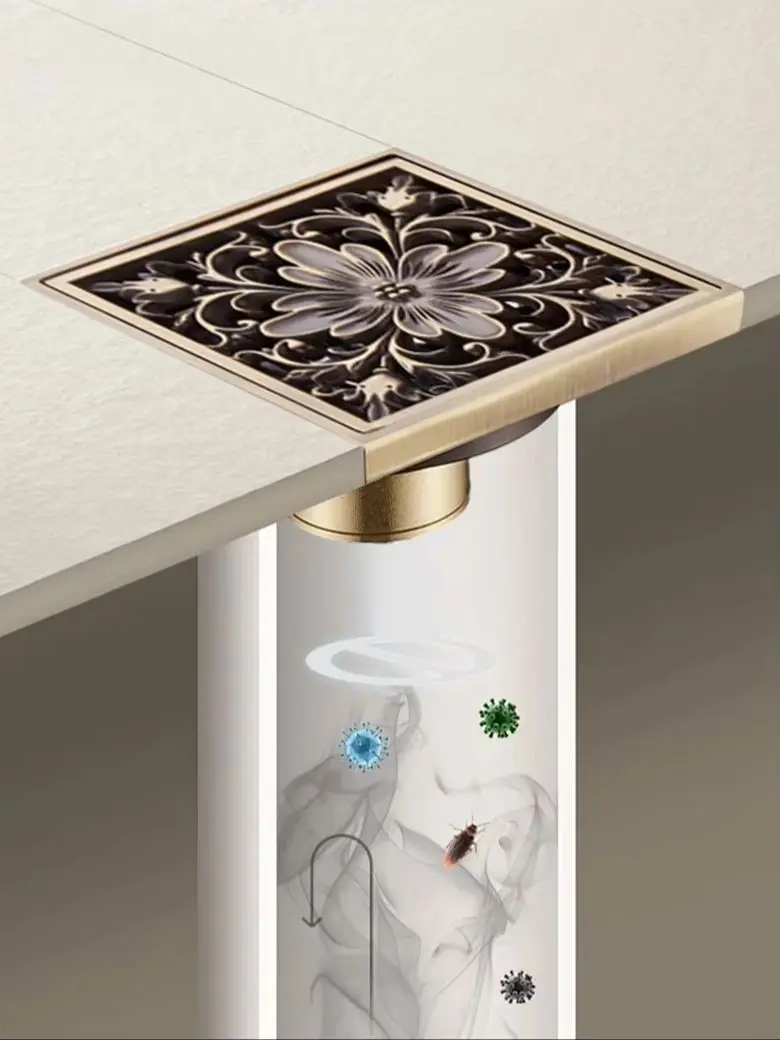 10x10cm Brass Floor Drain – Golden Anti-Odor Shower Drain for Bathroom, Balcony & Washing Machine, Thickened Rust-Proof