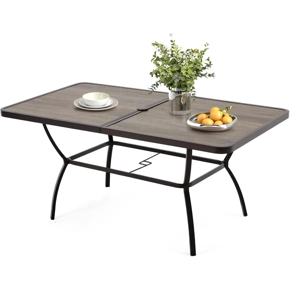 

63''x35'' Outdoor Dining Table for 6,Metal Patio Dining Table with 1.69'' Umbrella Hole,All-Weather Wood-Like Rectangular Table
