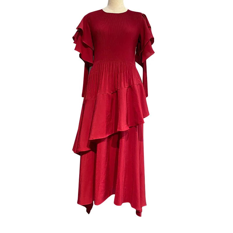 Fashion Pleated Long Dress 2024 Spring/Summer Design Sense Crew-neck Long Sleeve Pleated Dresses Temperament Female Clothing