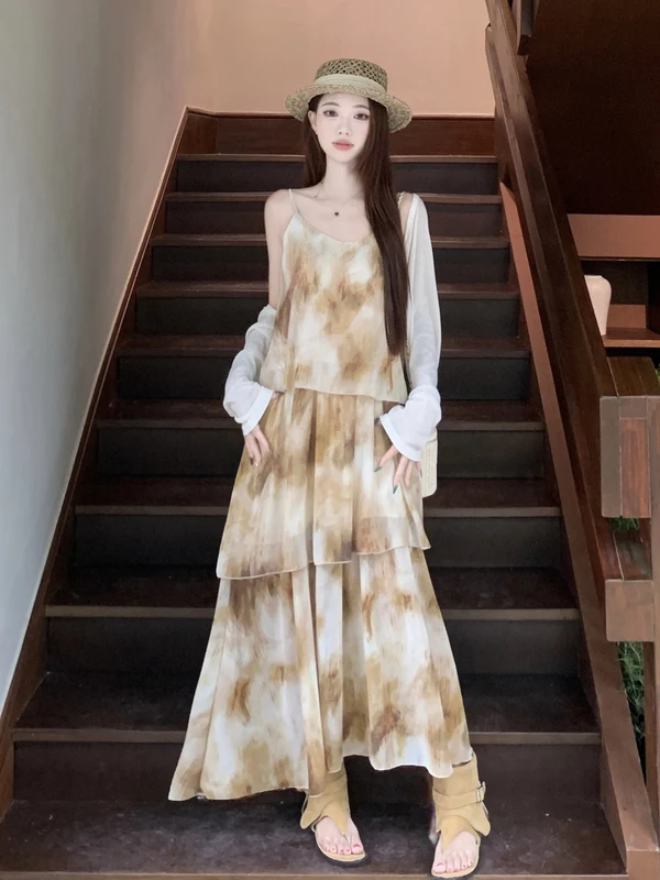

plus Size Vacation Style Set Summer New Sun Protection Open Cardigan Top Water Ink Diffusion Strap Dress Long Sleeve Maxi Dress