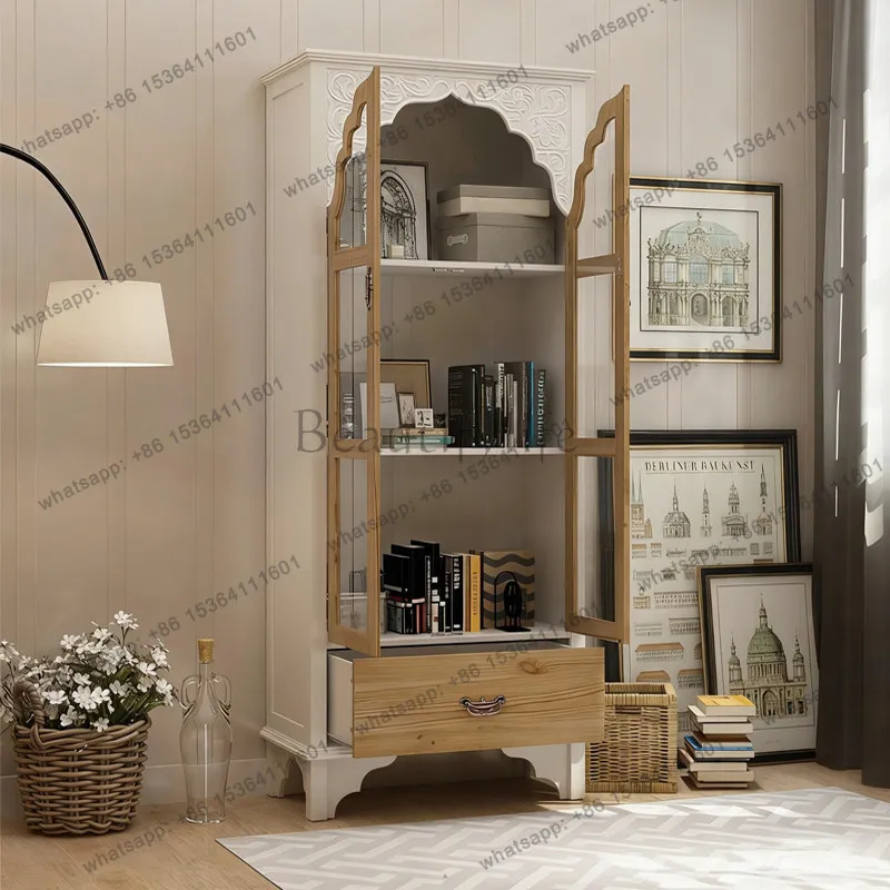 French retro solid wood glass wine cabinet medieval carved living room storage display cabinet