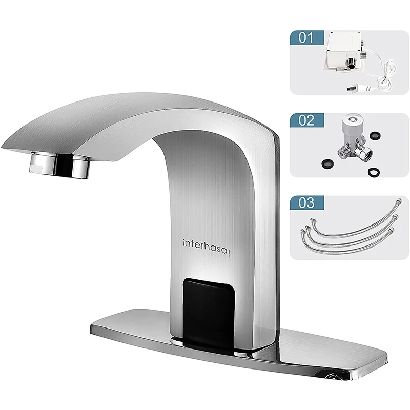 Touchless Bathroom Faucet Chrome Automatic Bathroom Sink Faucet with Hole Cover Plate Hands Free Water Tap with Control Box