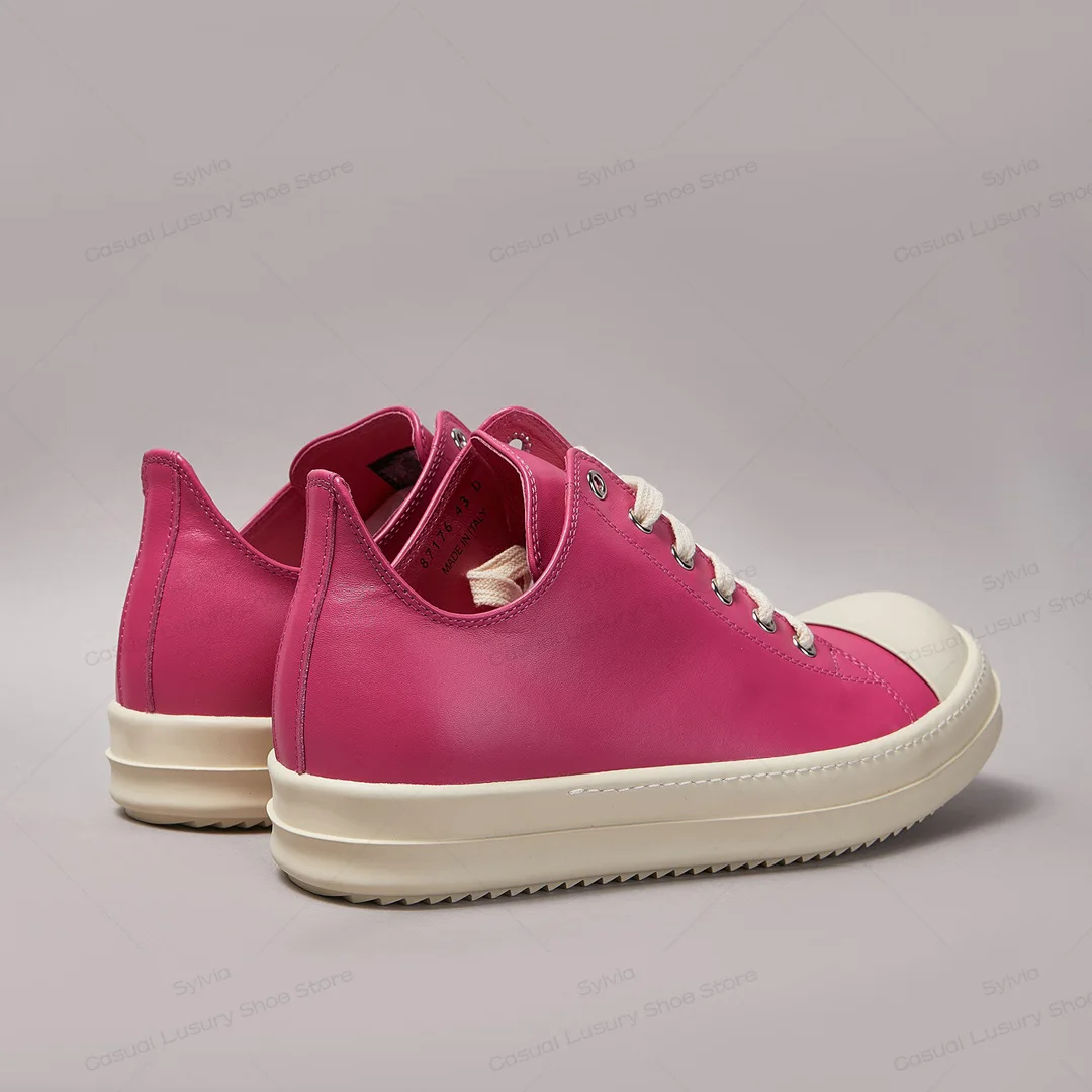 Ricks Luxury High Quality Designer Owens Casual Shoe Men Low Top Bright Pink Genuine Leather Lace-up Owens Women Leather Sneaker