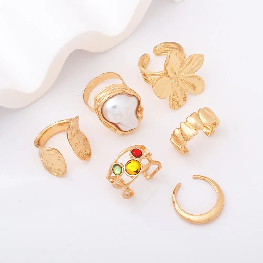 6pcs Set Personality Trend Liquid Metal Lava Flower Baroque Imitation Pearl Zircon Opening Rings for Women Jewelry Sets Gifts