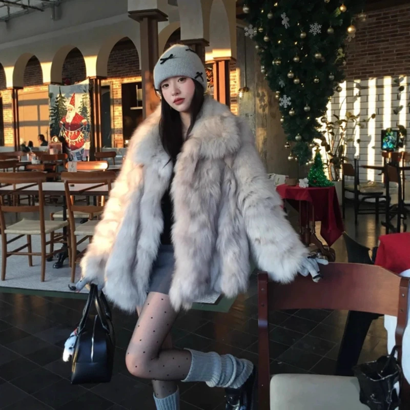 여성용 인조 여우털 코트 중간 길이 재킷 턴다운 칼라 코트 두꺼운 따뜻한 Y2K 스트리트웨어 재킷 우아한 가을 겨울 작업복