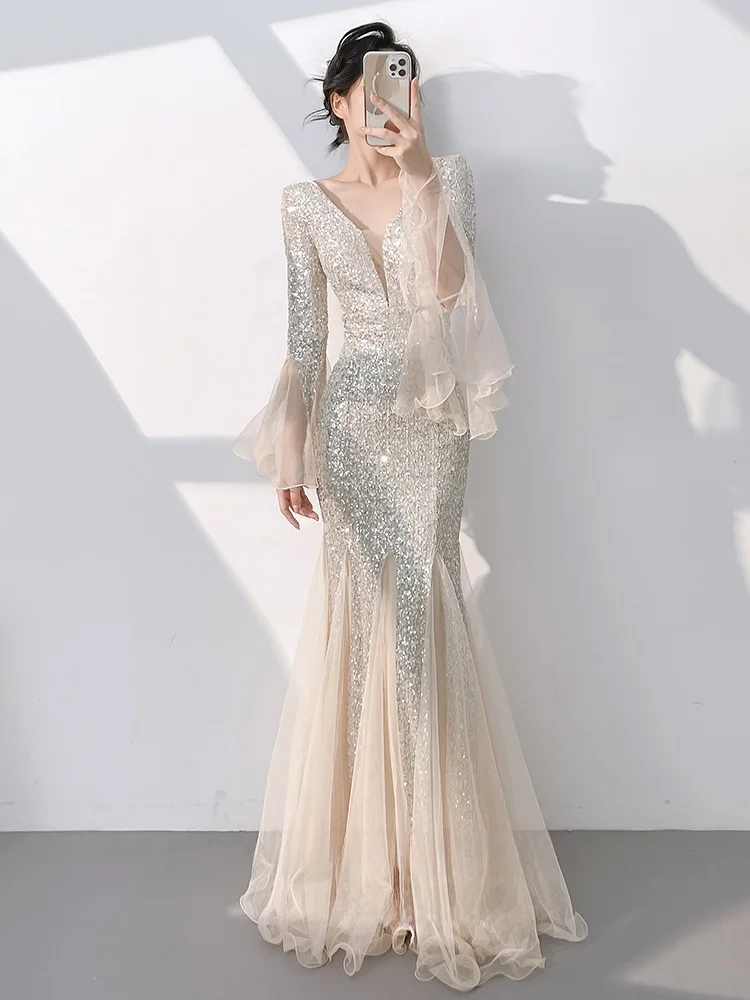 

Вечернее платье цвета шампань для женщин, новинка 2025 года, элитное, легкое, роскошное, для ведущих на ежегодной конференции