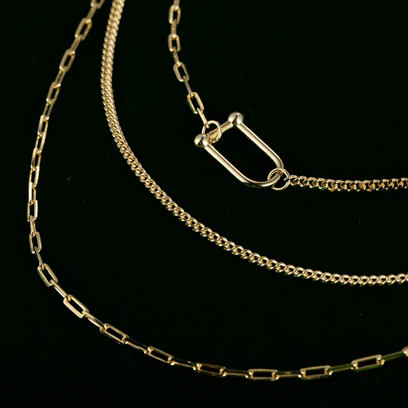 Joyeria Senci Three Layer Chain Fashion Jewelry Necklaces Hip Hop 18K Gold Jewelry 925 Silver Jewelry Necklace with Carabiner