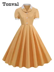 Tonval Contrast Collar Short Sleeve Button Up Vintage Swing Dresses for 2024 Summer Women 1950s Pinup Formal Elegant Midi Dress