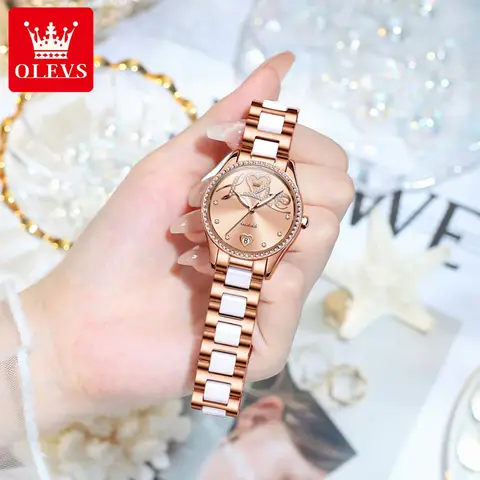 OLEVS 6686 Automatic mechanical ladies' watch diamond heart dial Auto date Ceramic strap women's watch