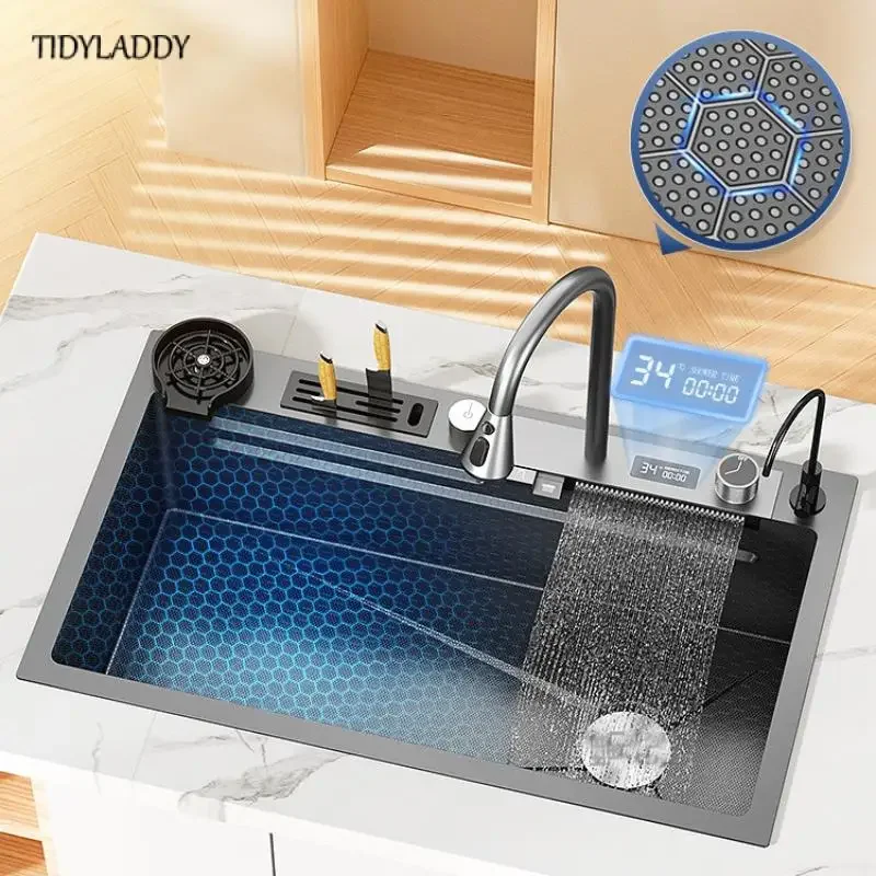 Double Waterfall Kitchen Sink Digital Display Kitchen Faucet Embossed Large Single Slot Stainless Steel Multifunctional Sink