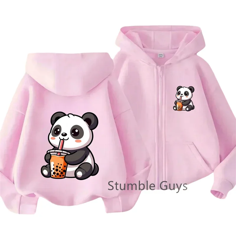 Boba Milk Tea Panda Front Back Cartoon Print Zip Up Hoodie For Kids Long Sleeve Lovely Animal Casual Daily Outerwear