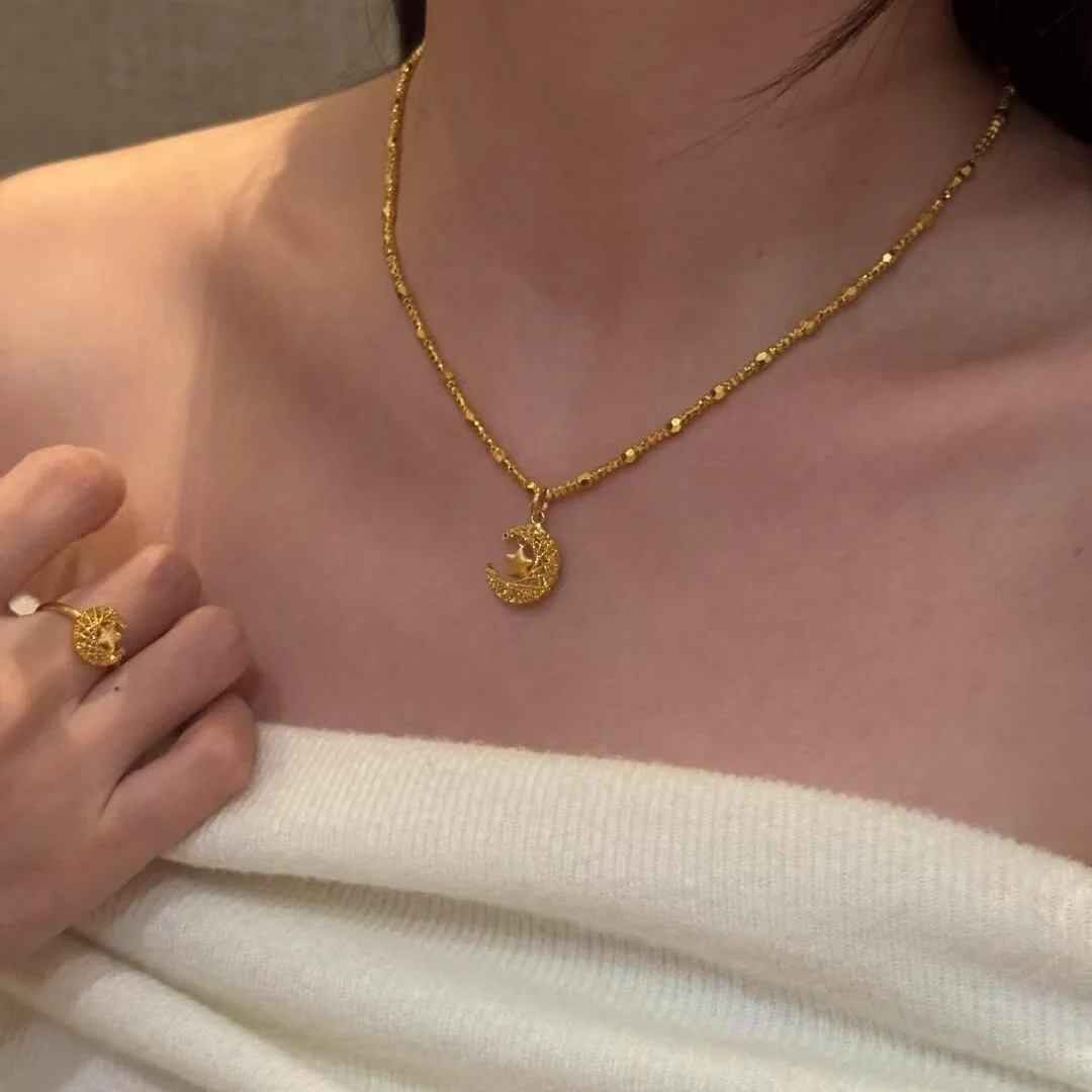 Star and Moon Dream Weaving Moon Necklace, Versatile Ring, High-end Lockbone Chain Accessory, One-Stop Wholesale Item 9999gold