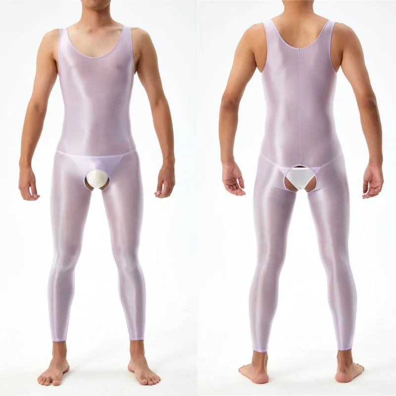 Open Crotch Sexy Glossy Jumpsuits Men Onesies Sleeveless Smooth Satin Sheer Pajama Male See Through Sleepwear Bodysuit Tights