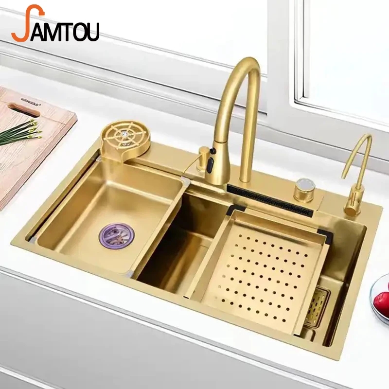 SAMTOU Kitchen Sink Gold Stainless Steel Modern Large Kitchen Sink Above Counter 75x46cm with all accessories