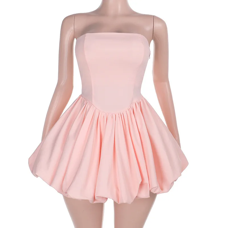 Elegant A Line Chest Hugging Dresses Spring Women Sleeveless Slash Neck Fold Mini Dress Summer High Waist Slim Big Swing Dress