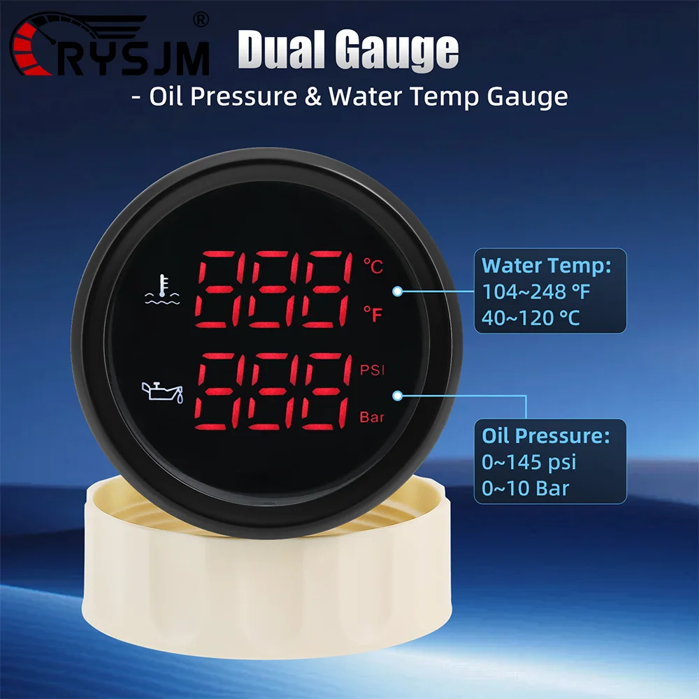 

2 IN 1 Water Temperature + Oil Pressure Gauge Dual Unit Switchable Display Green / Red LED Gauge Meter for Car Boat Yacht 12V24V