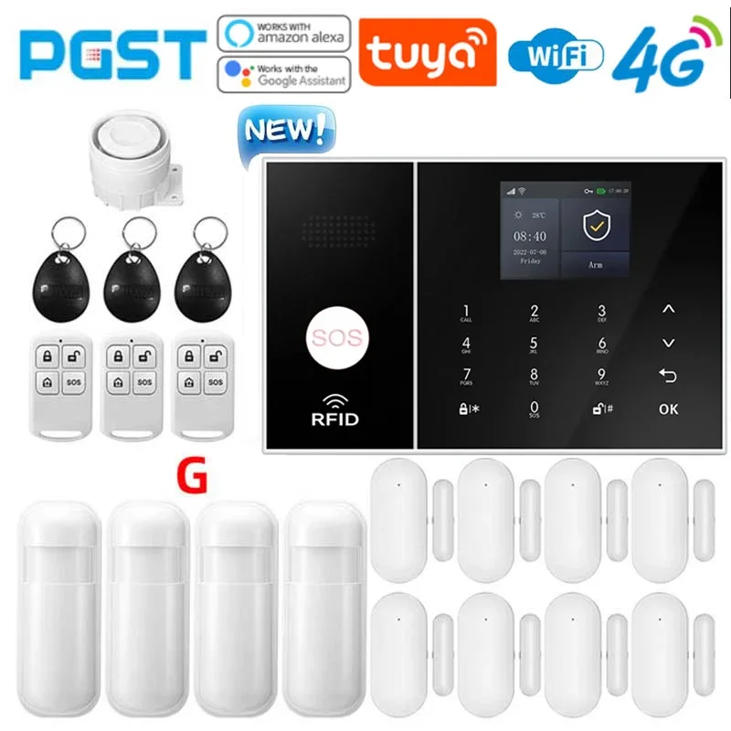 PGST New108 4G Tuya Wireless Home Security System with Motion Detector Siren WiFi GSM Burglar Alarm Alexa & Google Alarm Kit