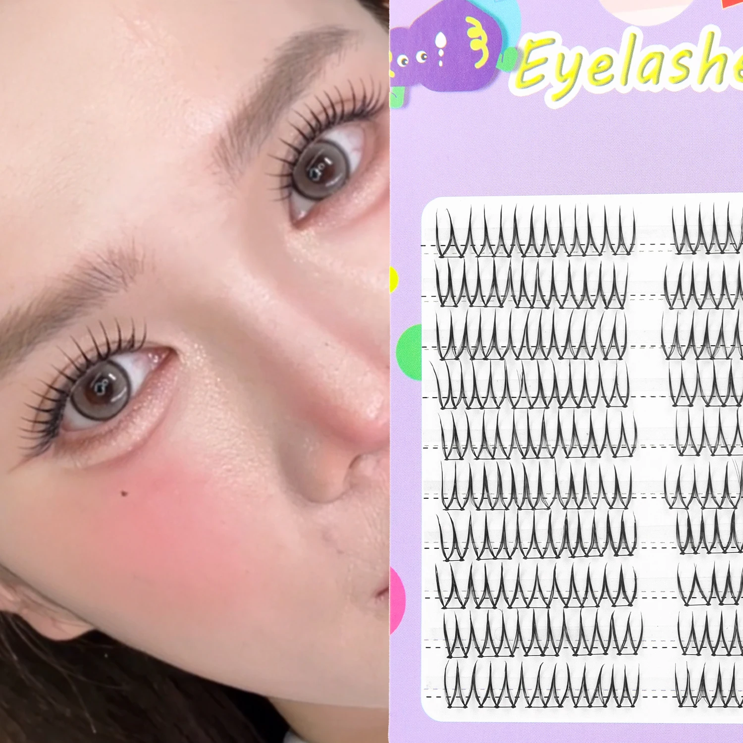 Clusters de cils naturels 100 pièces, style idole en forme de U, faux cils, dessinés à la main, clairement définis, adaptés aux débutants