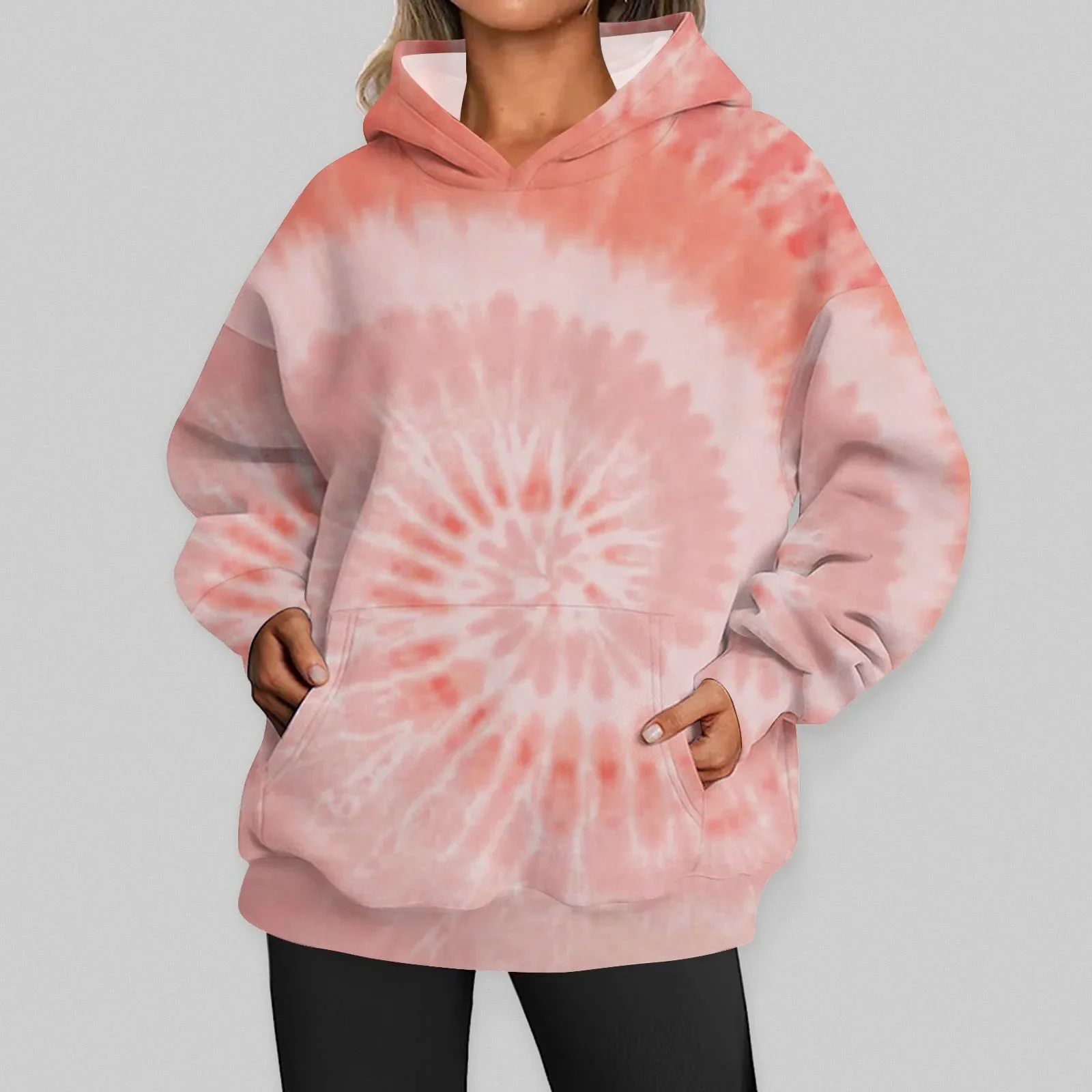 

Tie Dye Printed Hoodies Top Women Casual 2023 Autumn Thin Long Sleeve Sweatshirts Sweater Blouse Lady Pocket Draw String Hooded