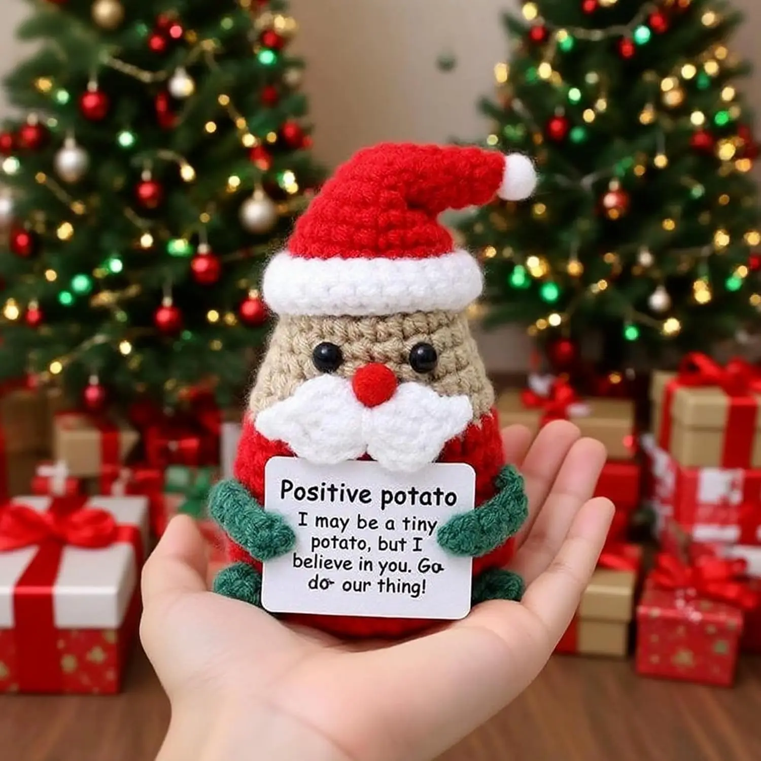 دمية كروشيه إيجابية لطيفة لعيد الميلاد مع بطاقة شجرة عيد الميلاد، سانتا المبهجة، غزال إيجابي ورجل ثلج، هدية عيد الميلاد المضحكة