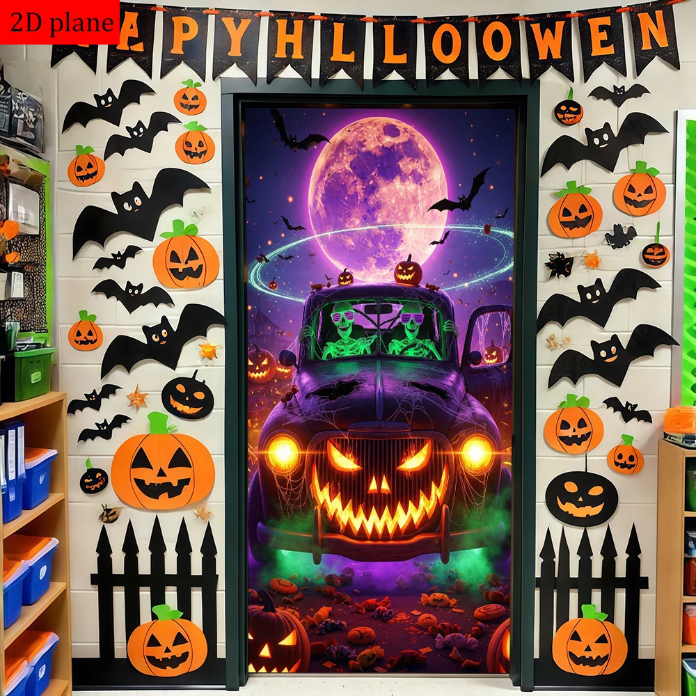 Halloween skeletons pickup truck jack - o'- lanterns full moon bats Door frame decoration with high elasticity elastic band