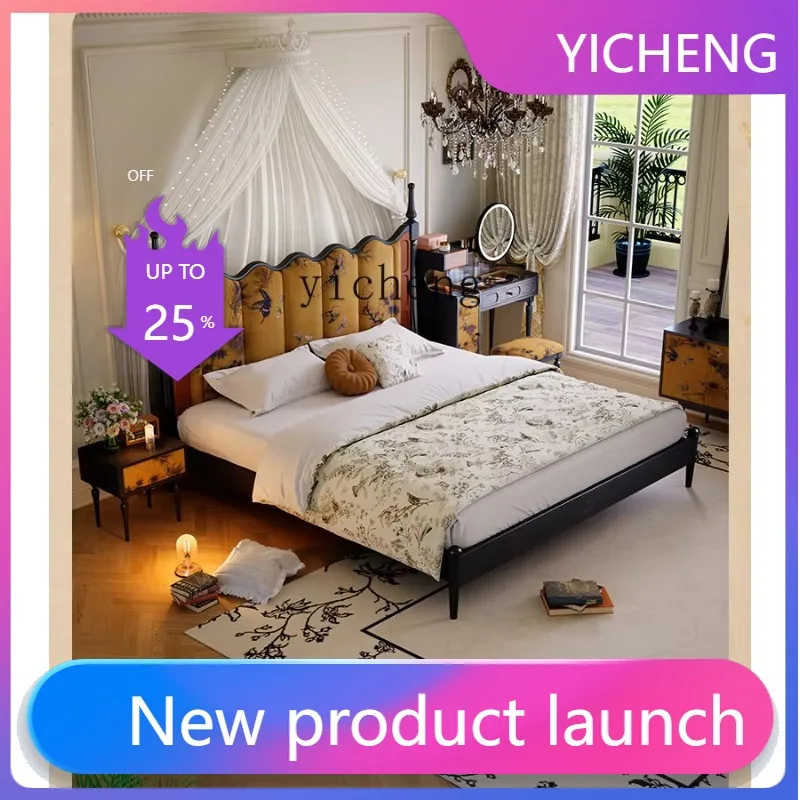 

LYY retro solid wood bed master bedroom double bed antique fabric soft bag bed