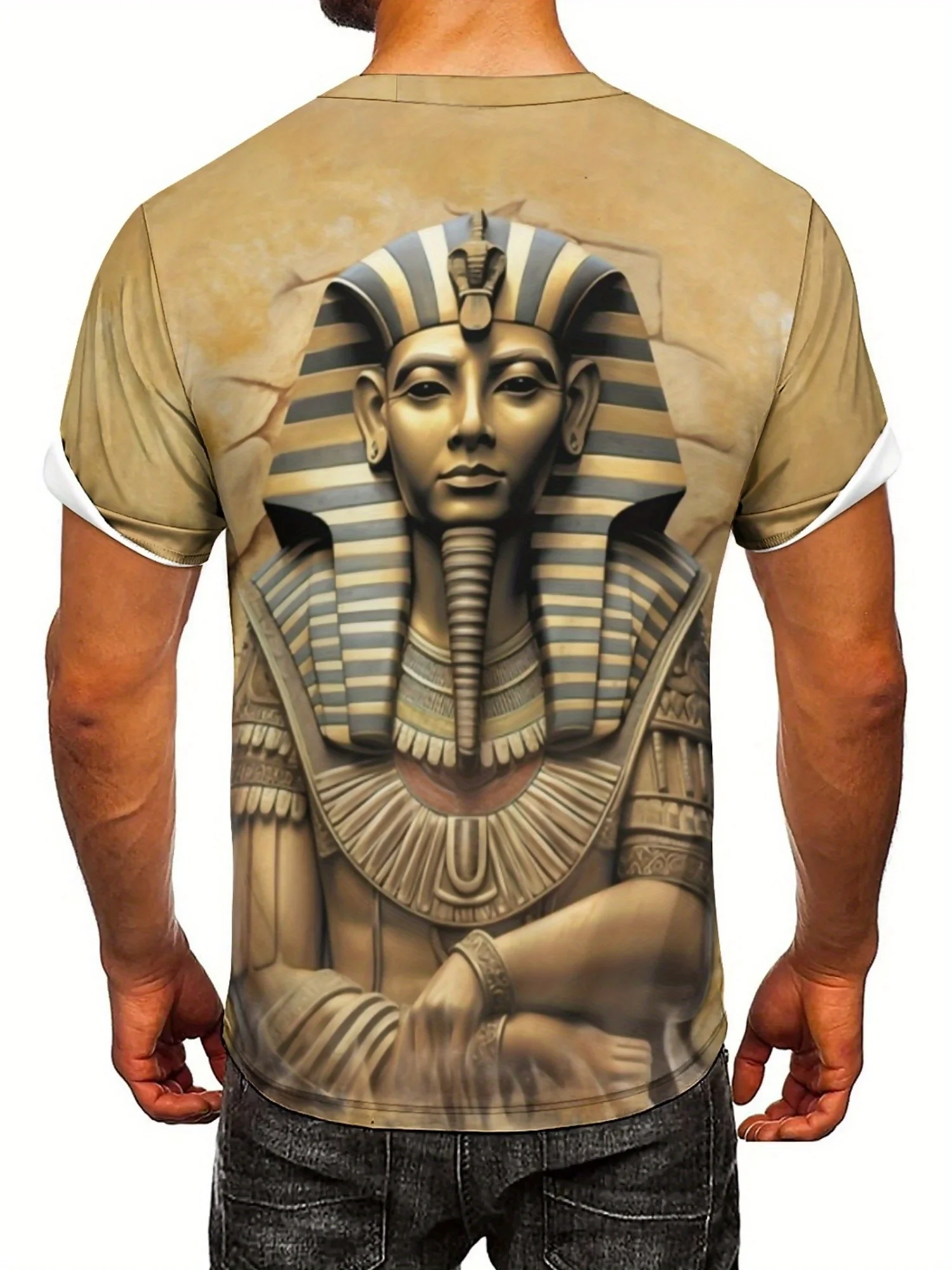Camiseta masculina plus size com estampa 3D do faraó egípcio – estilo retrô Y2K respirável e confortável, manga curta com gola redonda