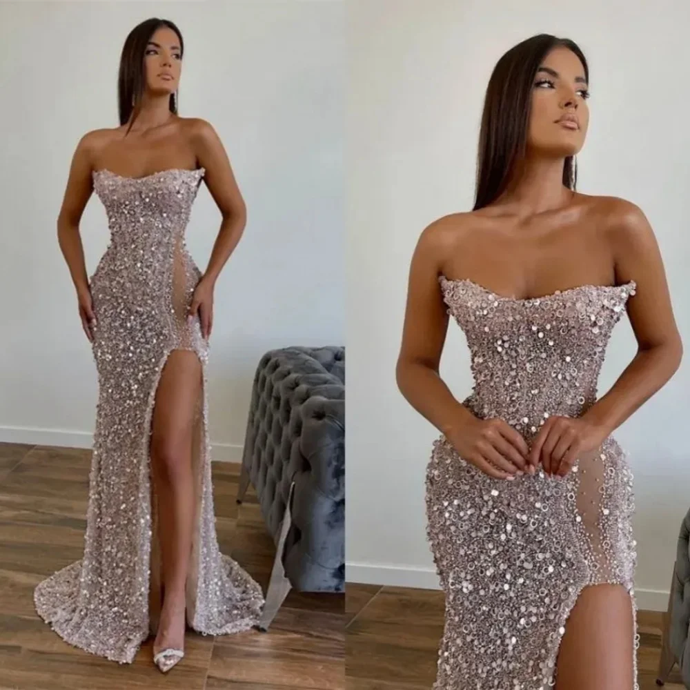 

Sexy Stunning Sequined Prom Dress High Slit Mermaid Strapless Backless Women's Long Homecoming Party Evening Gown